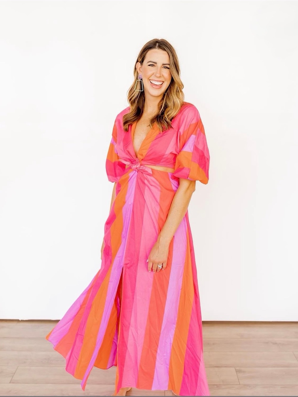 Buddy Love Pink & Orange Striped Maxi Dress with Front Knot